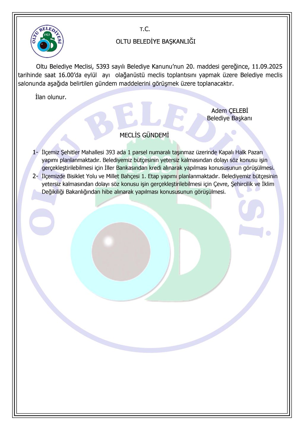 2025 EYLÜL AYI OLAĞAN MECLİS GÜNDEMİ