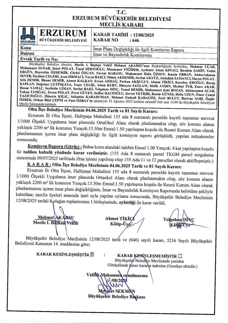 155-8 Erzurum BB Meclis Kararı